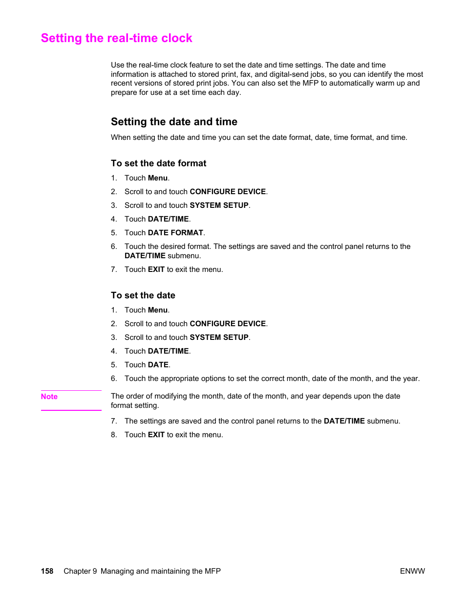 Setting the real-time clock, Setting the date and time | HP LaserJet 4345 Multifunction Printer series User Manual | Page 172 / 324