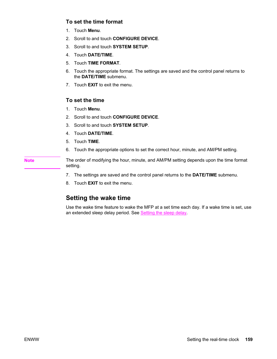 Setting the wake time | HP LaserJet 4345 Multifunction Printer series User Manual | Page 173 / 324