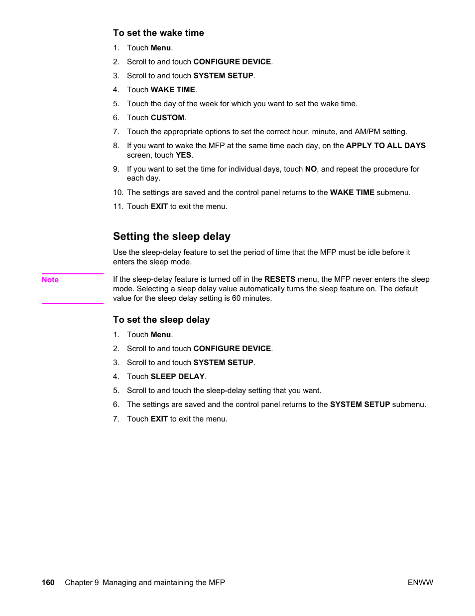 Setting the sleep delay | HP LaserJet 4345 Multifunction Printer series User Manual | Page 174 / 324