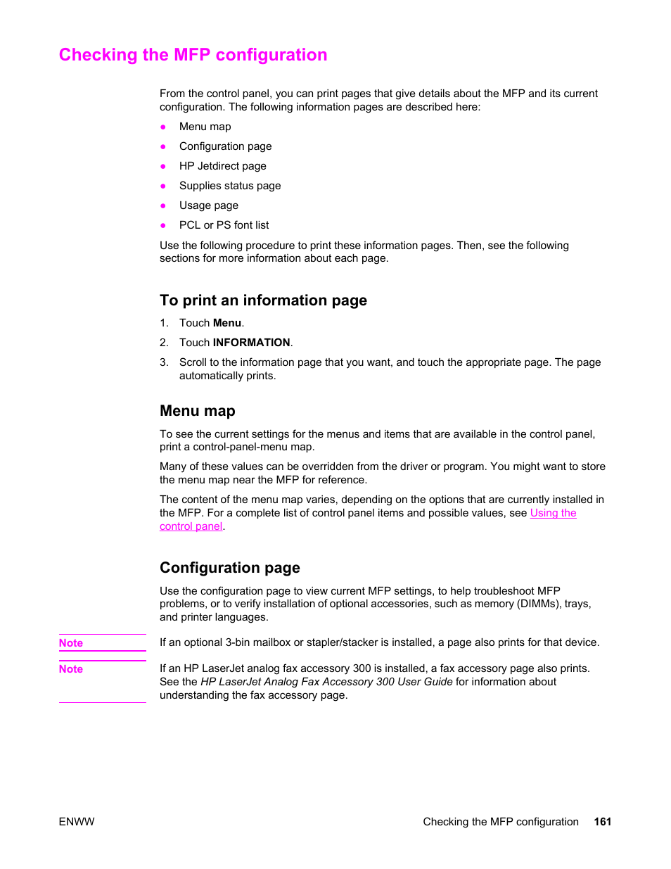 Checking the mfp configuration, Menu map, On the | Checking, The mfp configuration, Configuration page | HP LaserJet 4345 Multifunction Printer series User Manual | Page 175 / 324