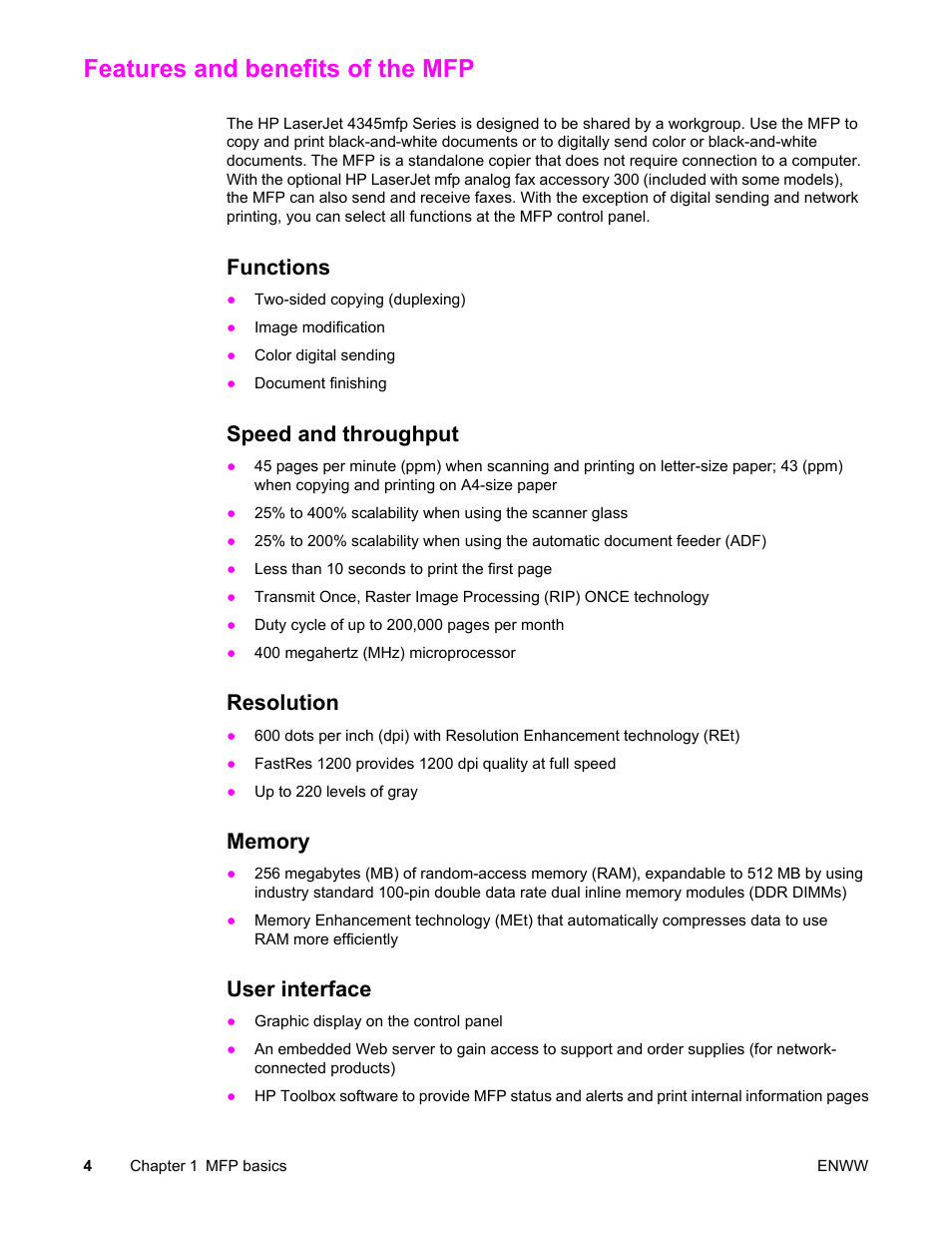 Features and benefits of the mfp, Functions, Speed and throughput | Resolution, Memory, User interface | HP LaserJet 4345 Multifunction Printer series User Manual | Page 18 / 324