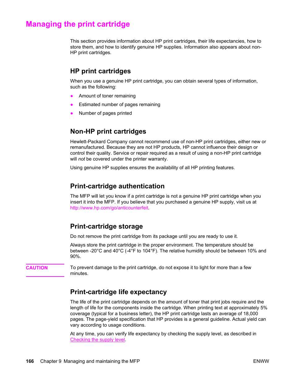 Managing the print cartridge, Hp print cartridges, Non-hp print cartridges | Print-cartridge authentication, Print-cartridge storage, Print-cartridge life expectancy | HP LaserJet 4345 Multifunction Printer series User Manual | Page 180 / 324