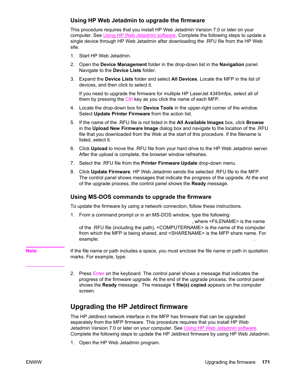 Upgrading the hp jetdirect firmware | HP LaserJet 4345 Multifunction Printer series User Manual | Page 185 / 324