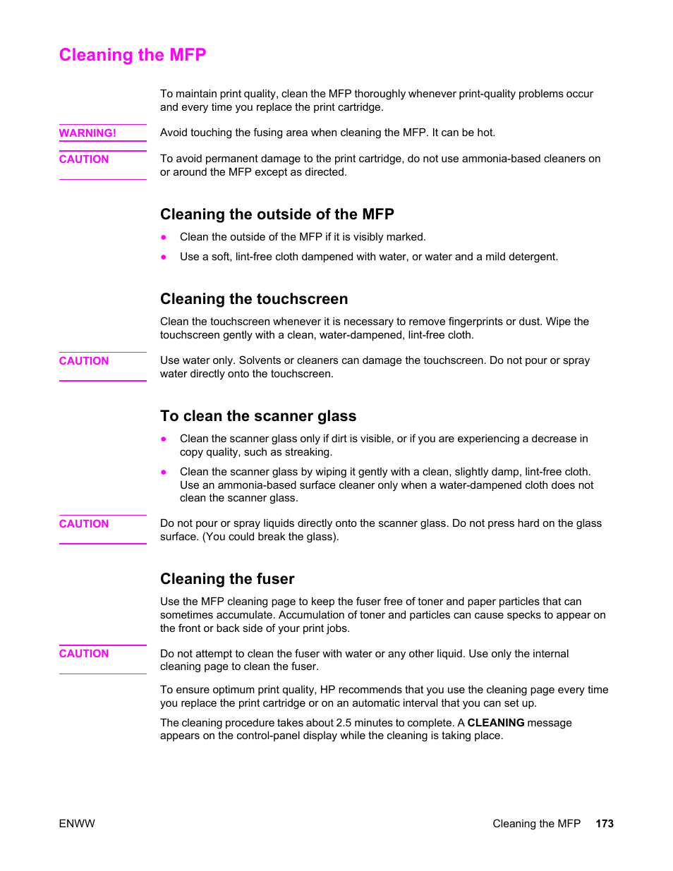 Cleaning the mfp, Cleaning the outside of the mfp, Cleaning the touchscreen | To clean the scanner glass, Cleaning the fuser | HP LaserJet 4345 Multifunction Printer series User Manual | Page 187 / 324