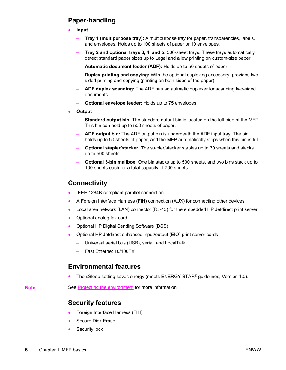 Paper-handling, Connectivity, Environmental features | Security features | HP LaserJet 4345 Multifunction Printer series User Manual | Page 20 / 324