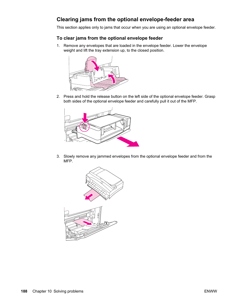 Clearing jams from the optional envelope, Feeder area | HP LaserJet 4345 Multifunction Printer series User Manual | Page 202 / 324
