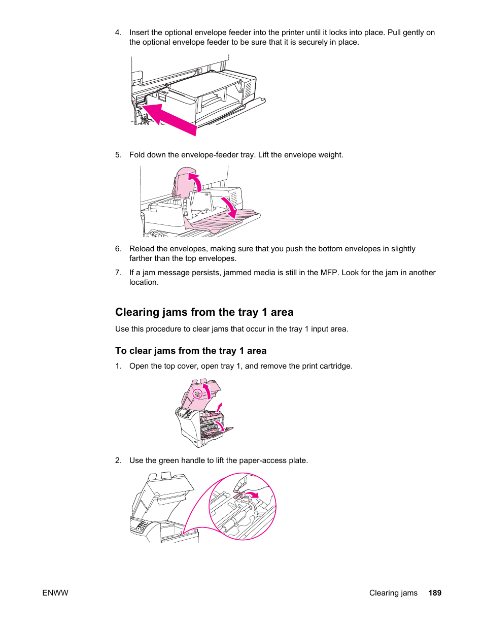 Clearing jams from the tray 1 area | HP LaserJet 4345 Multifunction Printer series User Manual | Page 203 / 324