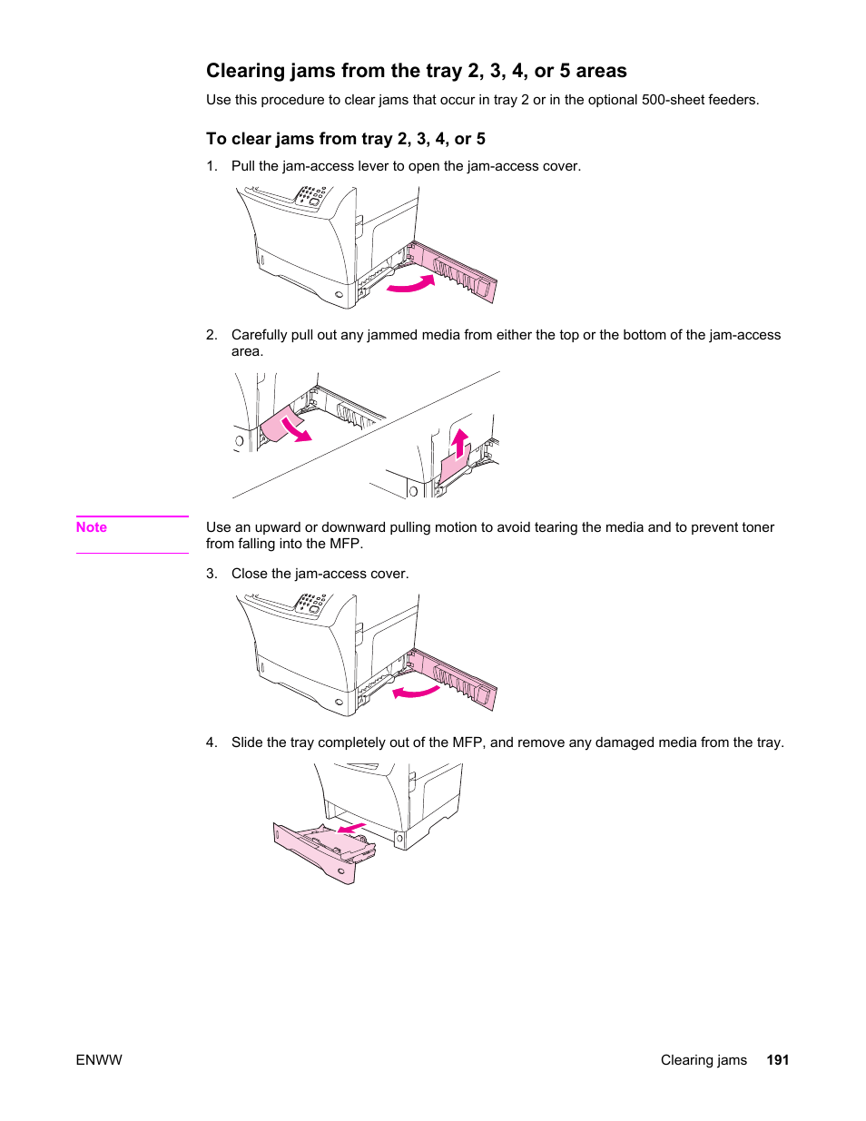 Clearing jams from the tray 2, 3, 4, or 5 areas, Clearing, Jams from the tray 2, 3, 4, or 5 areas | HP LaserJet 4345 Multifunction Printer series User Manual | Page 205 / 324