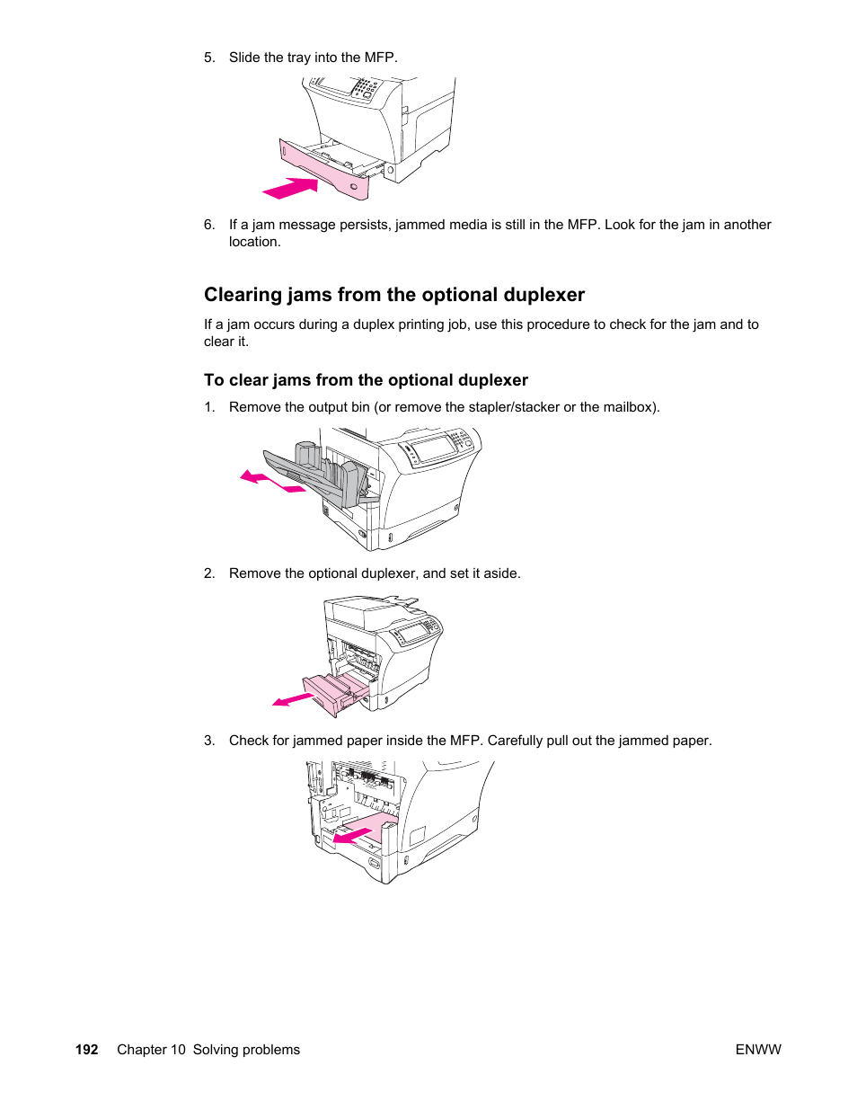 Clearing jams from the optional duplexer | HP LaserJet 4345 Multifunction Printer series User Manual | Page 206 / 324