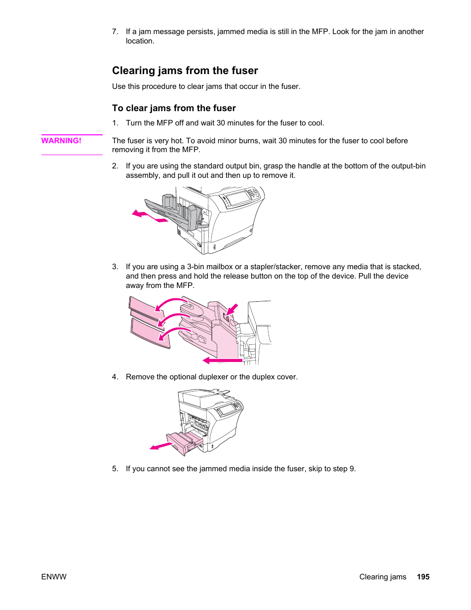 Clearing jams from the fuser | HP LaserJet 4345 Multifunction Printer series User Manual | Page 209 / 324