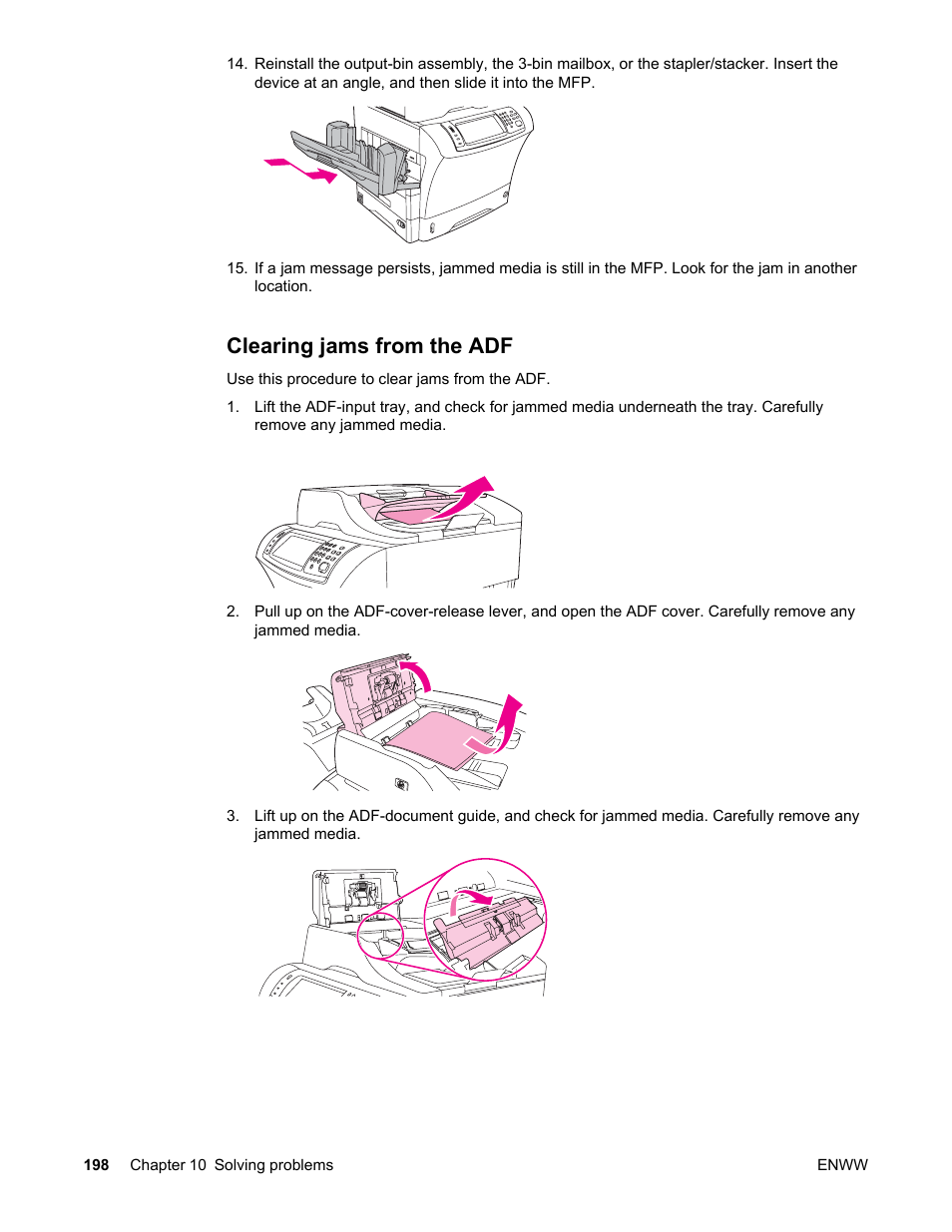 Clearing jams from the adf | HP LaserJet 4345 Multifunction Printer series User Manual | Page 212 / 324