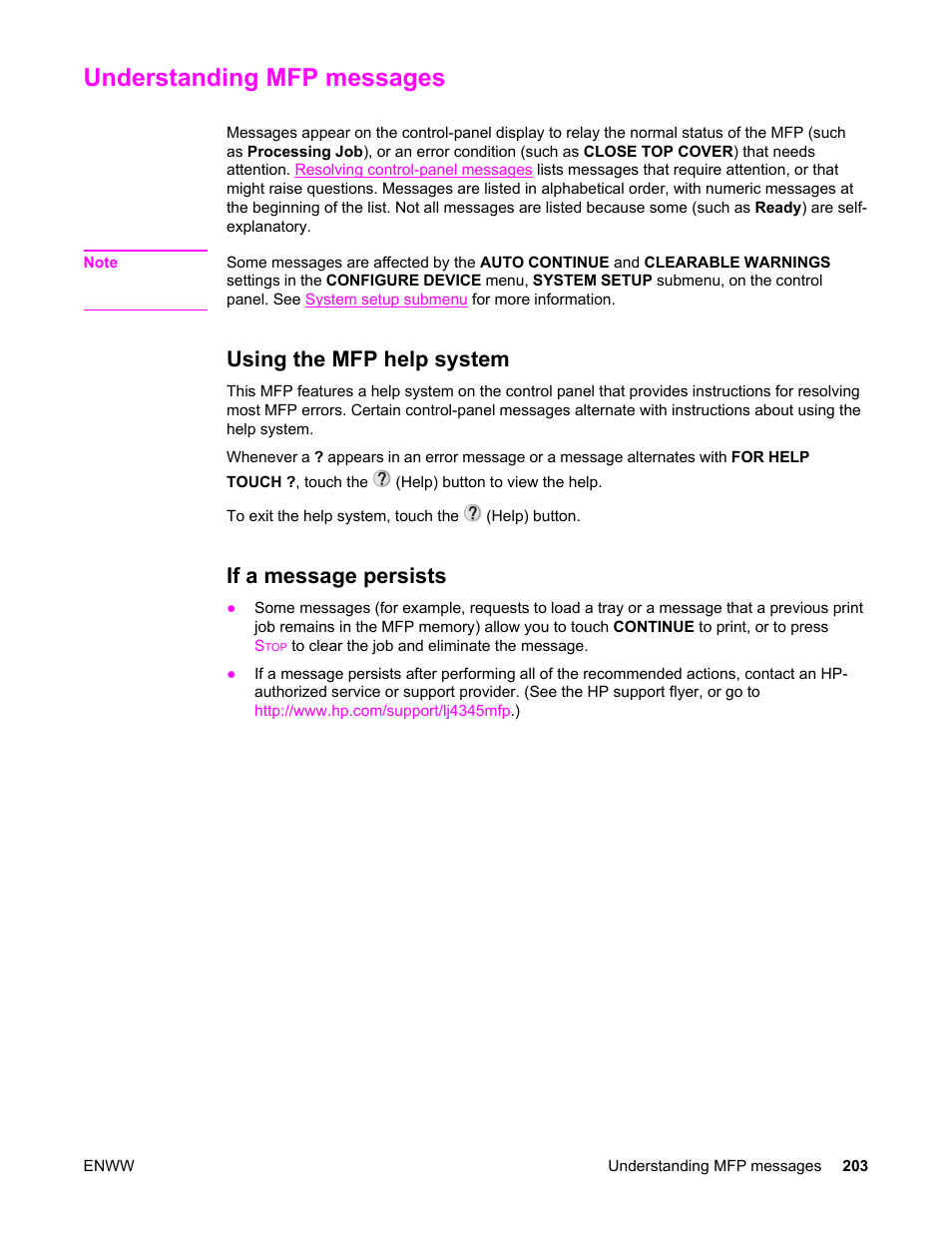 Understanding mfp messages, Using the mfp help system, If a message persists | Using the mfp help system if a message persists | HP LaserJet 4345 Multifunction Printer series User Manual | Page 217 / 324