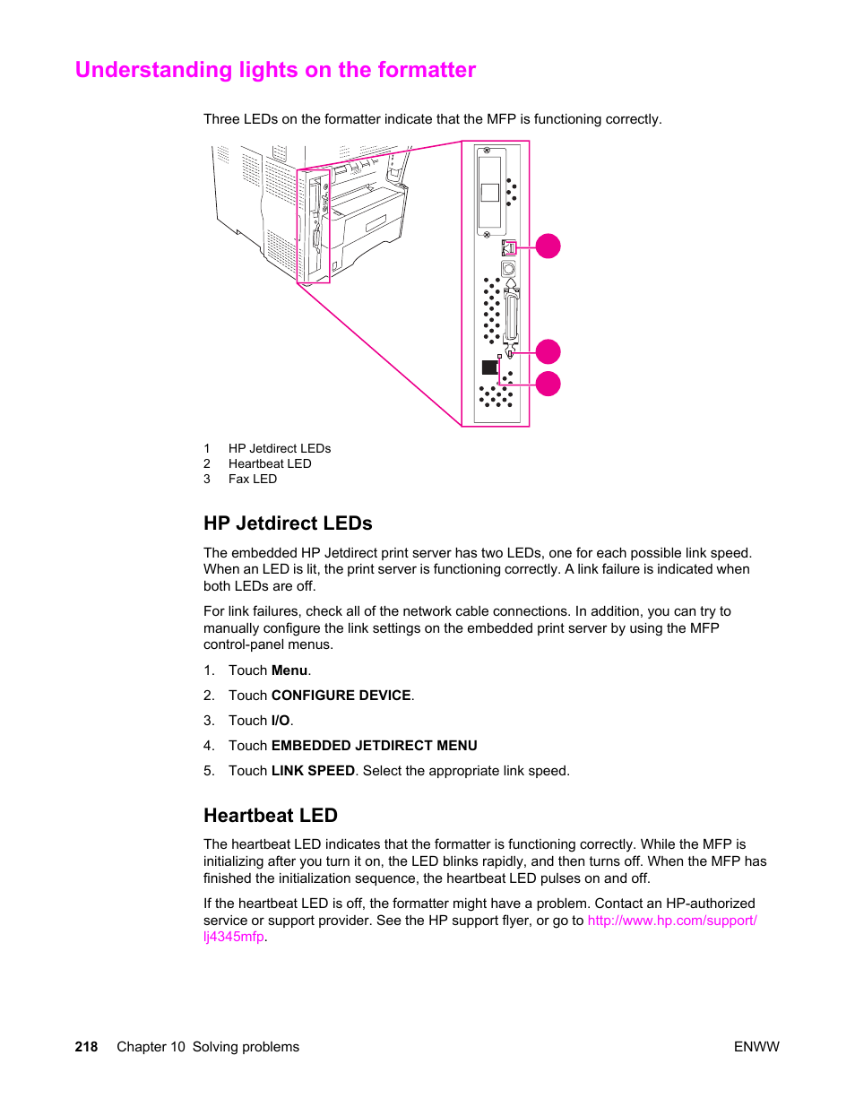 Understanding lights on the formatter, Hp jetdirect leds, Heartbeat led | Hp jetdirect leds heartbeat led | HP LaserJet 4345 Multifunction Printer series User Manual | Page 232 / 324