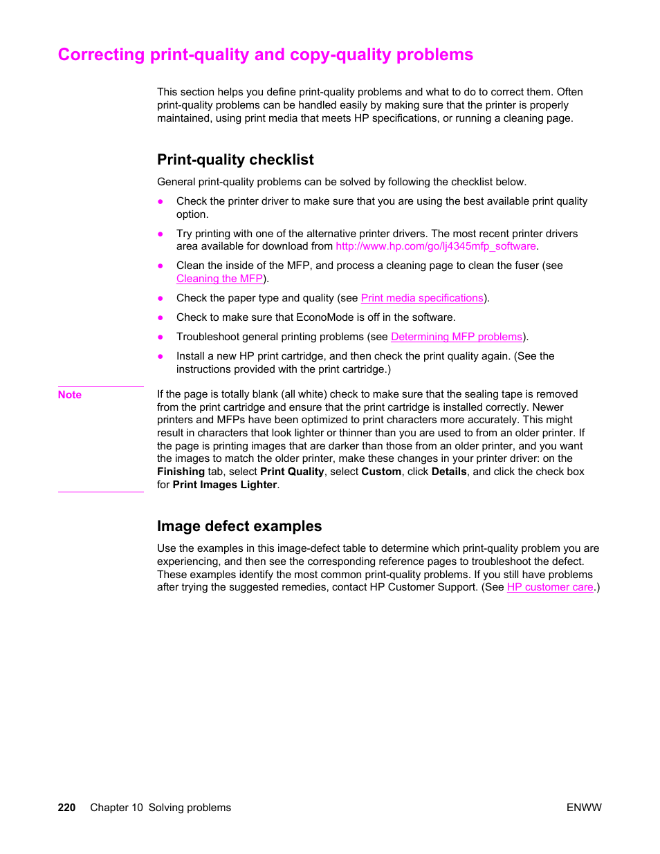 Correcting print-quality and copy-quality problems, Print-quality checklist, Image defect examples | Print-quality checklist image defect examples | HP LaserJet 4345 Multifunction Printer series User Manual | Page 234 / 324