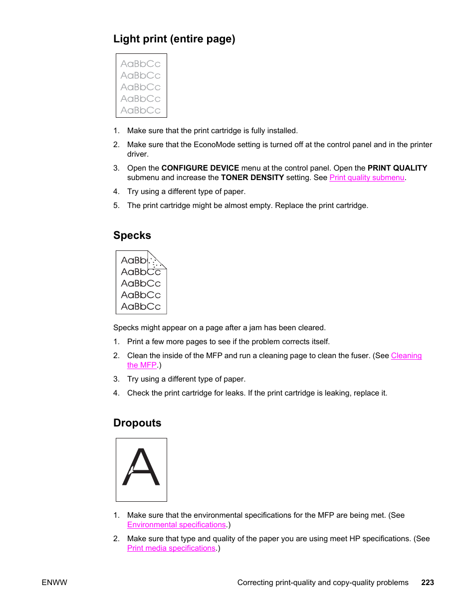 Specks, Dropouts, Light print | Light print (entire page) | HP LaserJet 4345 Multifunction Printer series User Manual | Page 237 / 324