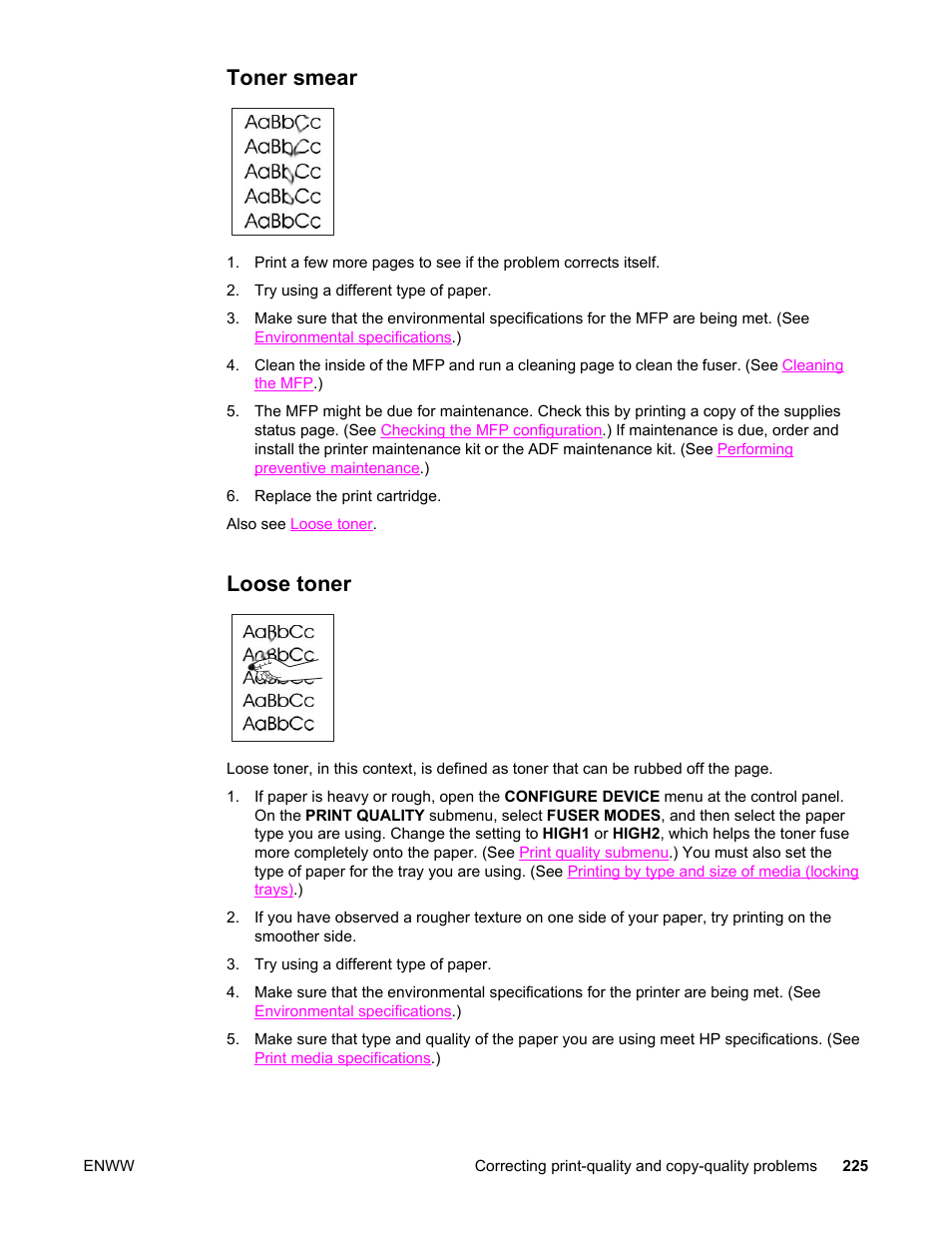 Toner smear, Loose toner, Toner smear loose toner | HP LaserJet 4345 Multifunction Printer series User Manual | Page 239 / 324