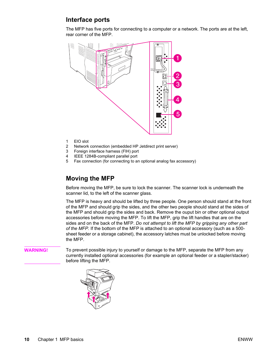 Interface ports, Moving the mfp, Interface ports moving the mfp | HP LaserJet 4345 Multifunction Printer series User Manual | Page 24 / 324