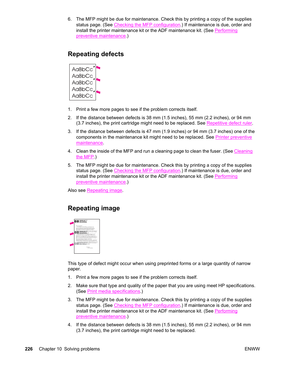 Repeating defects, Repeating image, Repeating defects repeating image | Repeating, Defects, Image | HP LaserJet 4345 Multifunction Printer series User Manual | Page 240 / 324