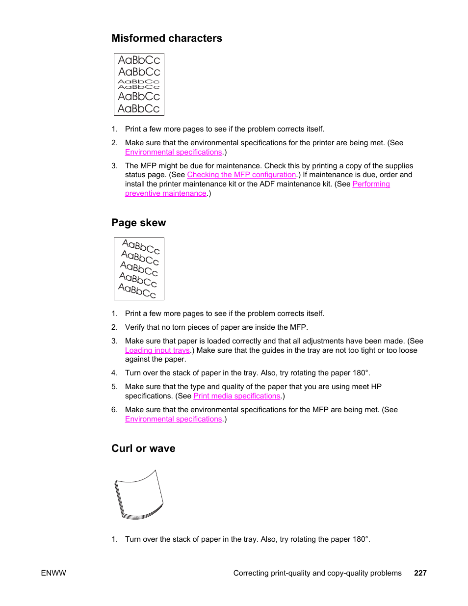 Misformed characters, Curl or wave, Misformed | Characters, Aabbcc aabbcc aabbcc aabbcc, Page skew | HP LaserJet 4345 Multifunction Printer series User Manual | Page 241 / 324