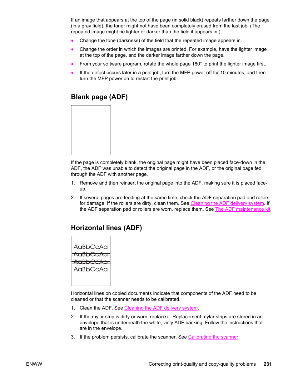 Horizontal lines (adf), Blank page (adf) | HP LaserJet 4345 Multifunction Printer series User Manual | Page 245 / 324