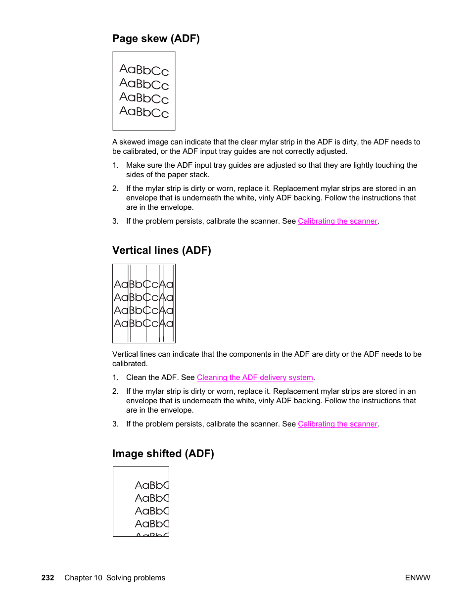 Vertical lines (adf), Image shifted (adf), Page skew (adf) | HP LaserJet 4345 Multifunction Printer series User Manual | Page 246 / 324