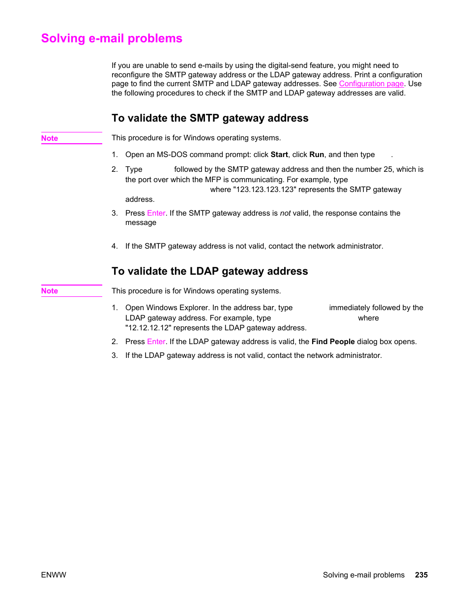 Solving e‑mail problems, To validate the smtp gateway address, To validate the ldap gateway address | Solving e-mail problems, Of the smtp server. see, Solving, E-mail problems | HP LaserJet 4345 Multifunction Printer series User Manual | Page 249 / 324