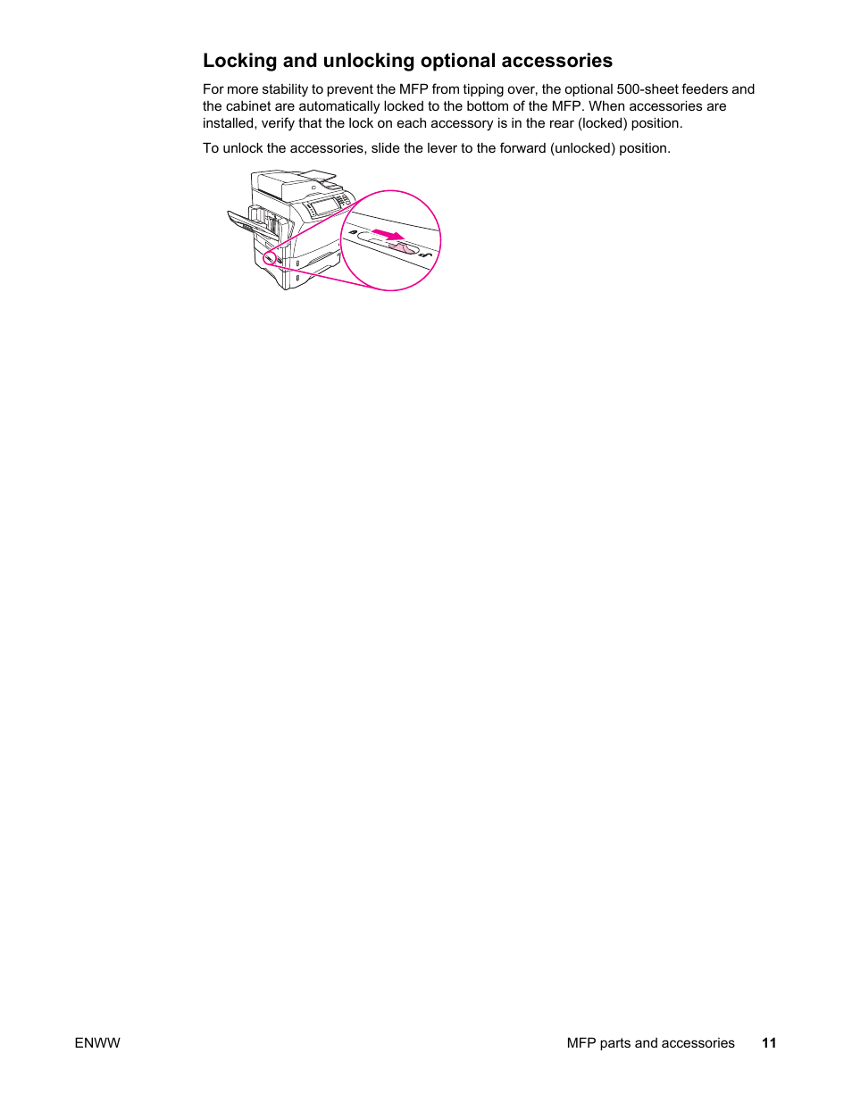 Locking and unlocking optional accessories | HP LaserJet 4345 Multifunction Printer series User Manual | Page 25 / 324