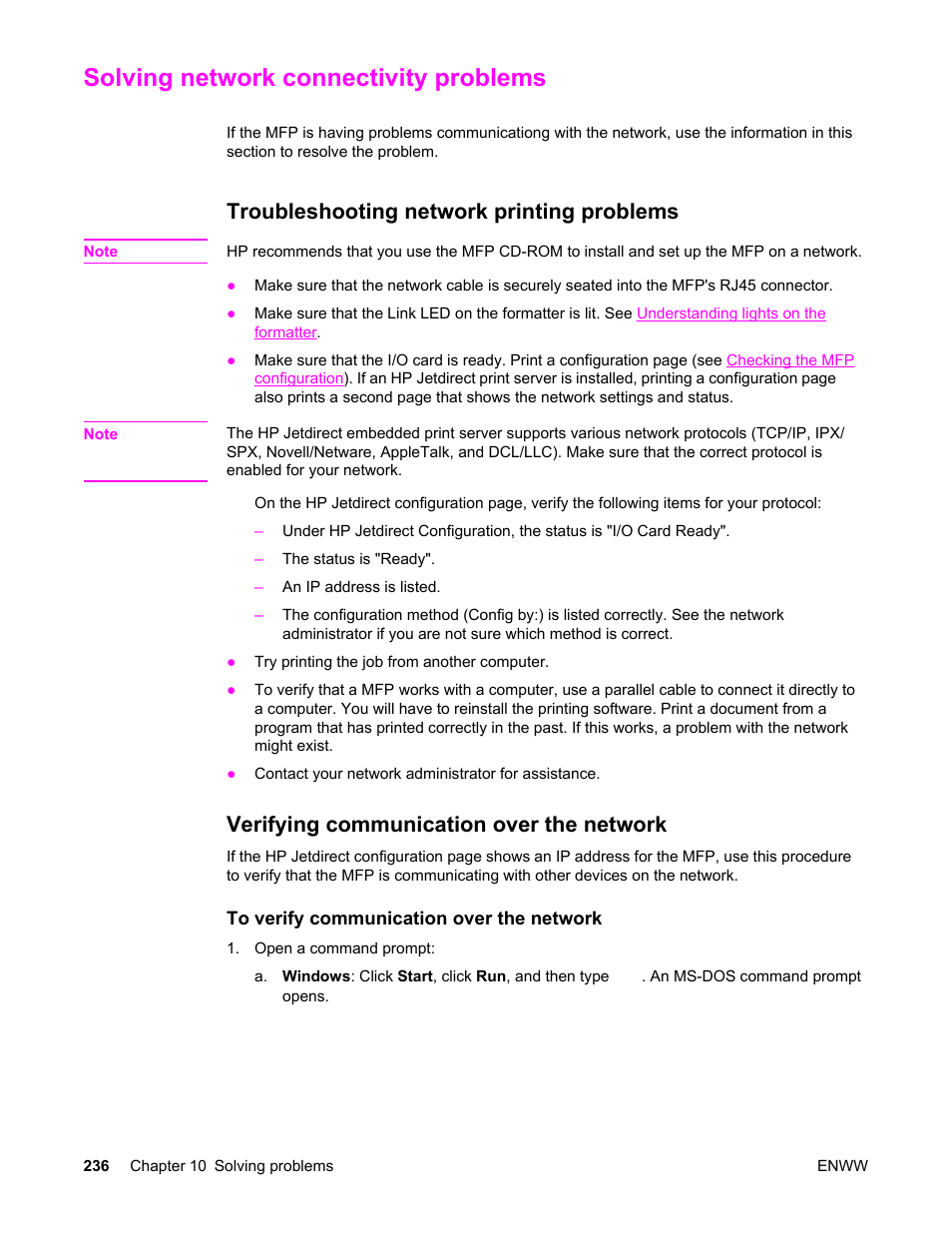 Solving network connectivity problems, Troubleshooting network printing problems, Verifying communication over the network | Solving network, Connectivity problems | HP LaserJet 4345 Multifunction Printer series User Manual | Page 250 / 324