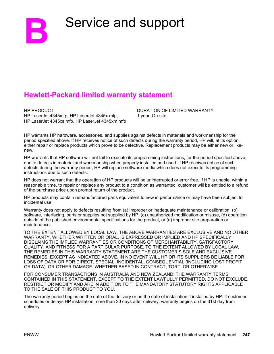 Service and support, Hewlett-packard limited warranty statement, Appendix b service and support | HP LaserJet 4345 Multifunction Printer series User Manual | Page 261 / 324