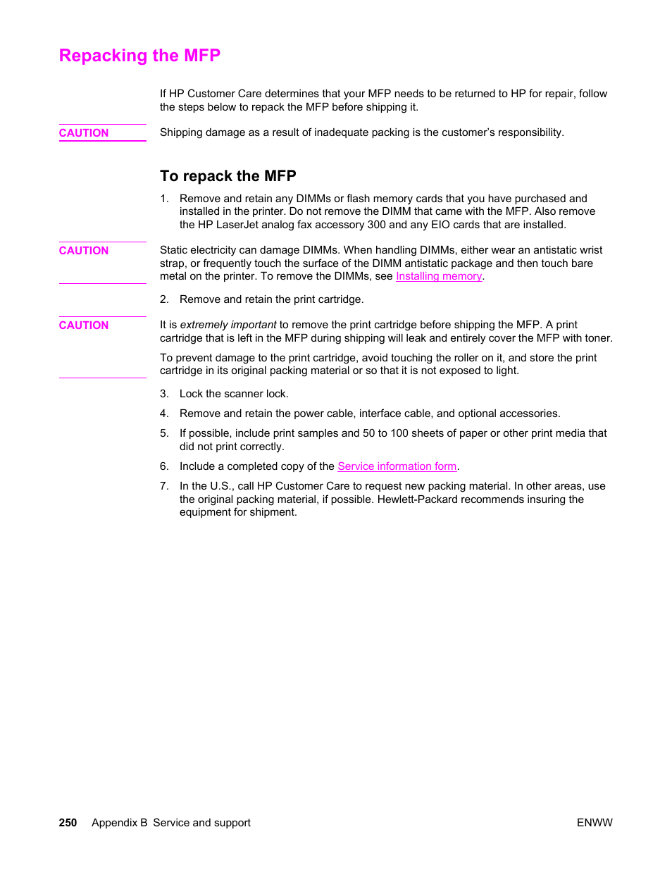 Repacking the mfp, To repack the mfp | HP LaserJet 4345 Multifunction Printer series User Manual | Page 264 / 324