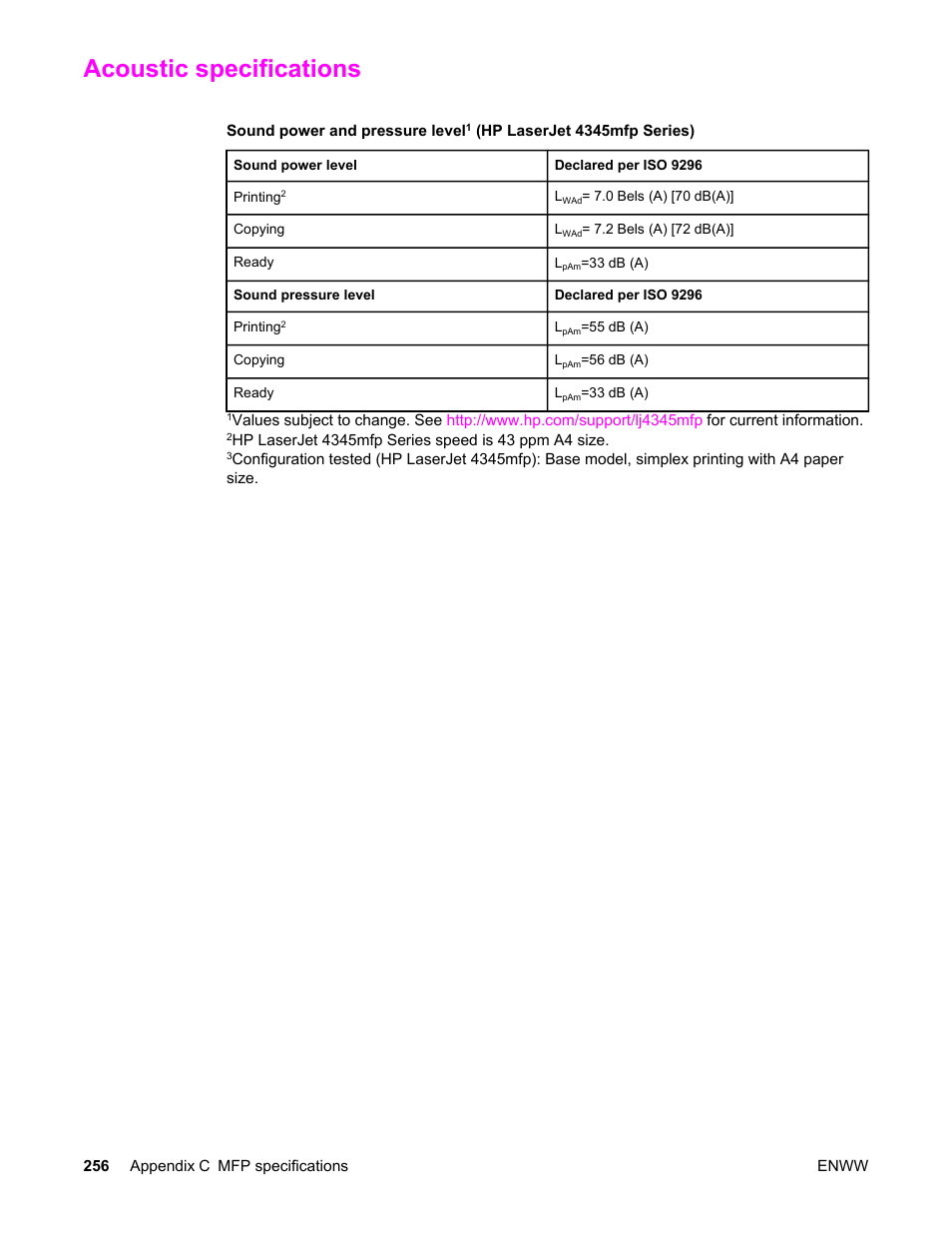 Acoustic specifications | HP LaserJet 4345 Multifunction Printer series User Manual | Page 270 / 324