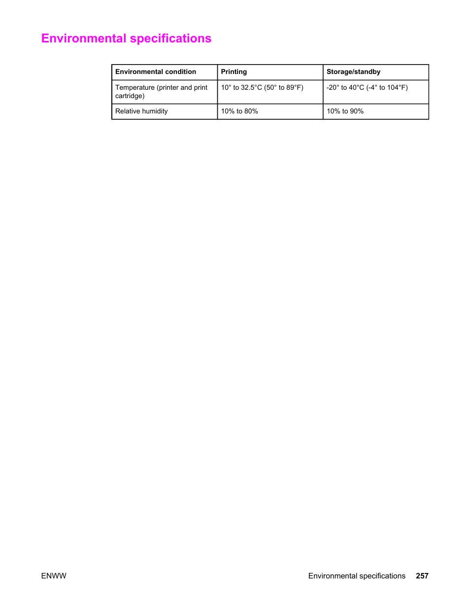 Environmental specifications | HP LaserJet 4345 Multifunction Printer series User Manual | Page 271 / 324