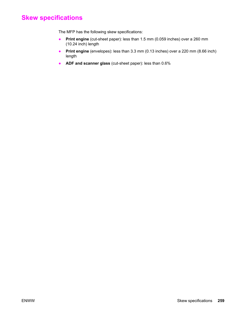 Skew specifications | HP LaserJet 4345 Multifunction Printer series User Manual | Page 273 / 324