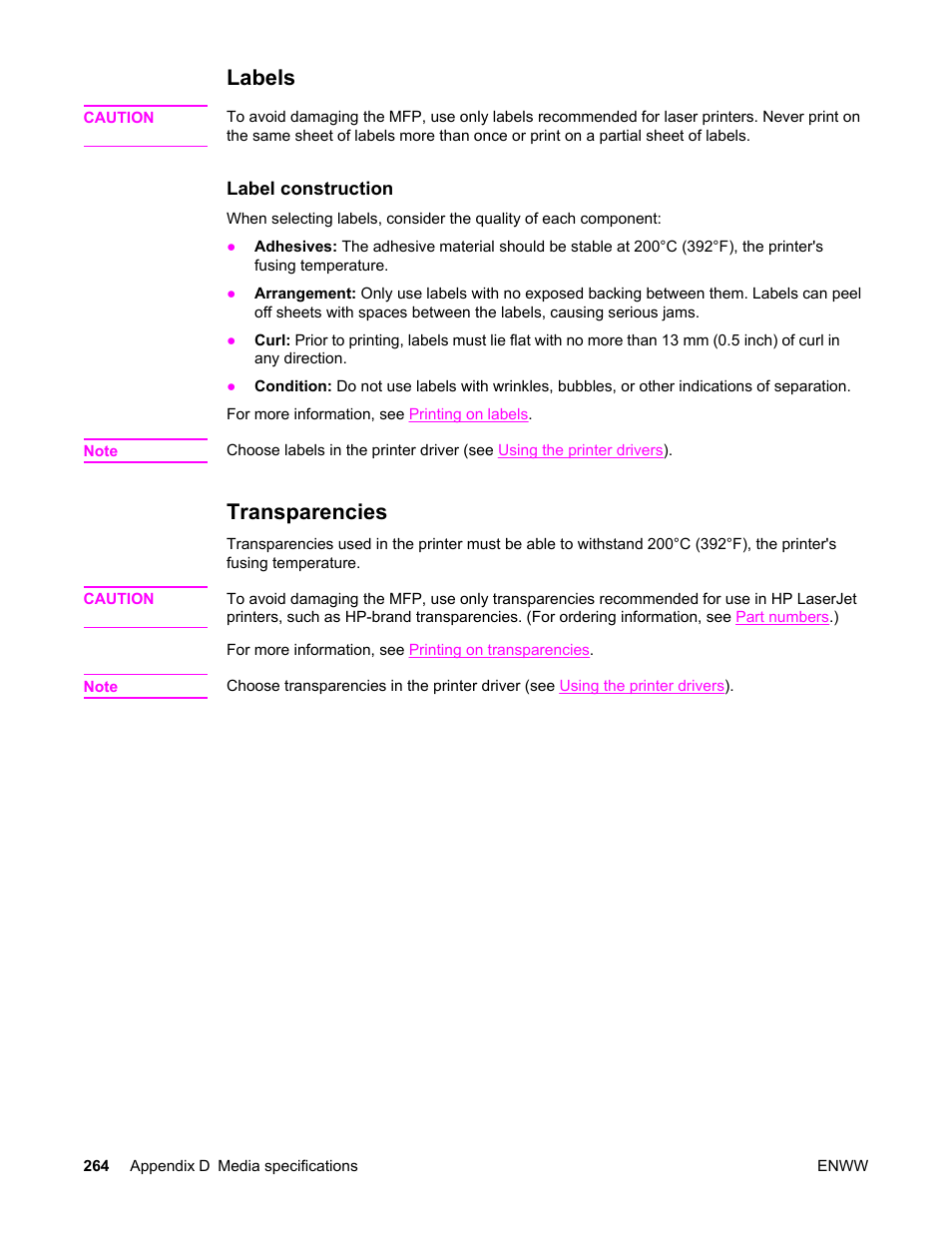 Labels, Transparencies, Specifications. see | HP LaserJet 4345 Multifunction Printer series User Manual | Page 278 / 324