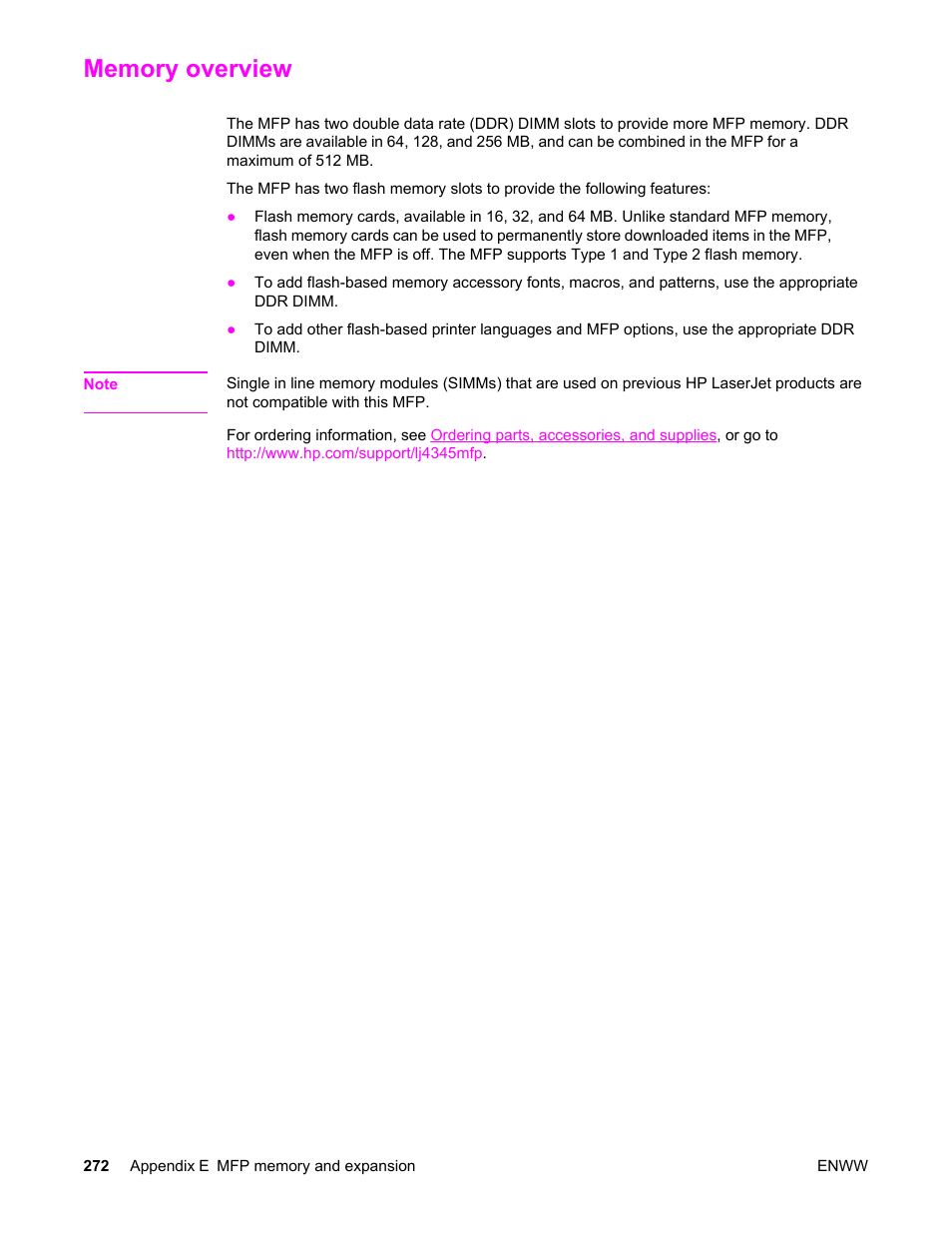 Memory overview | HP LaserJet 4345 Multifunction Printer series User Manual | Page 286 / 324