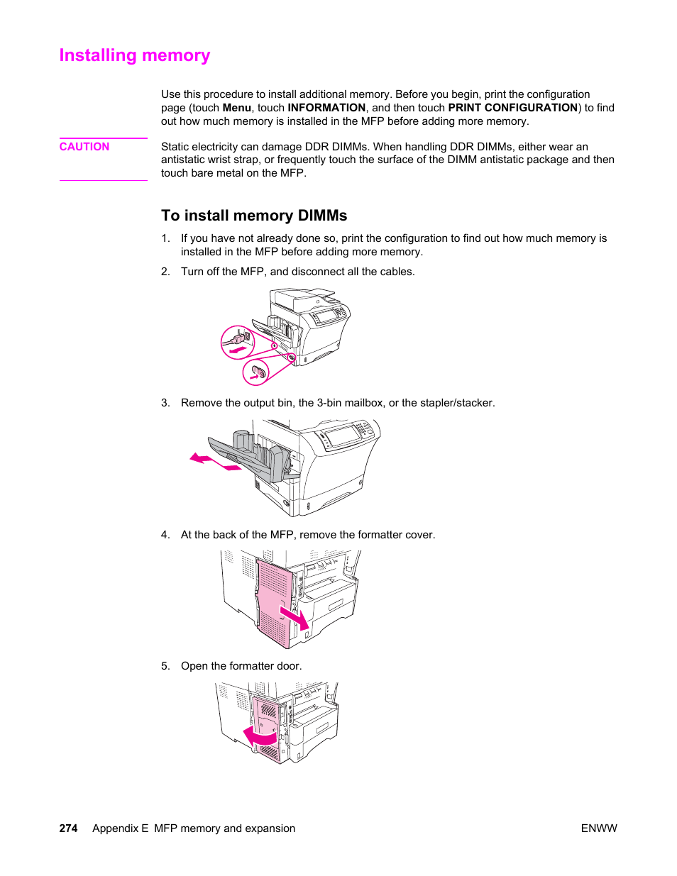 Installing memory, To install memory dimms, Memory. see | HP LaserJet 4345 Multifunction Printer series User Manual | Page 288 / 324