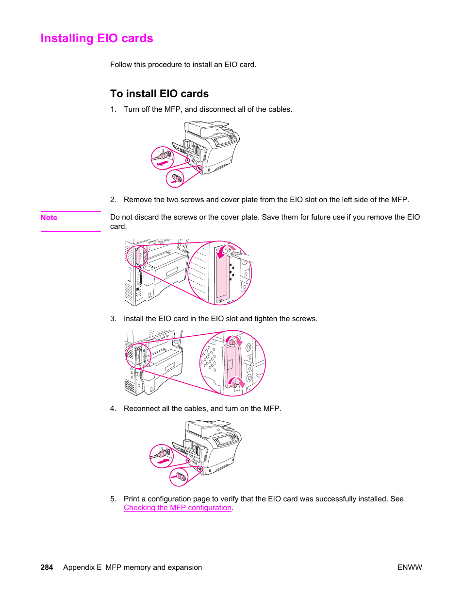 Installing eio cards, To install eio cards | HP LaserJet 4345 Multifunction Printer series User Manual | Page 298 / 324