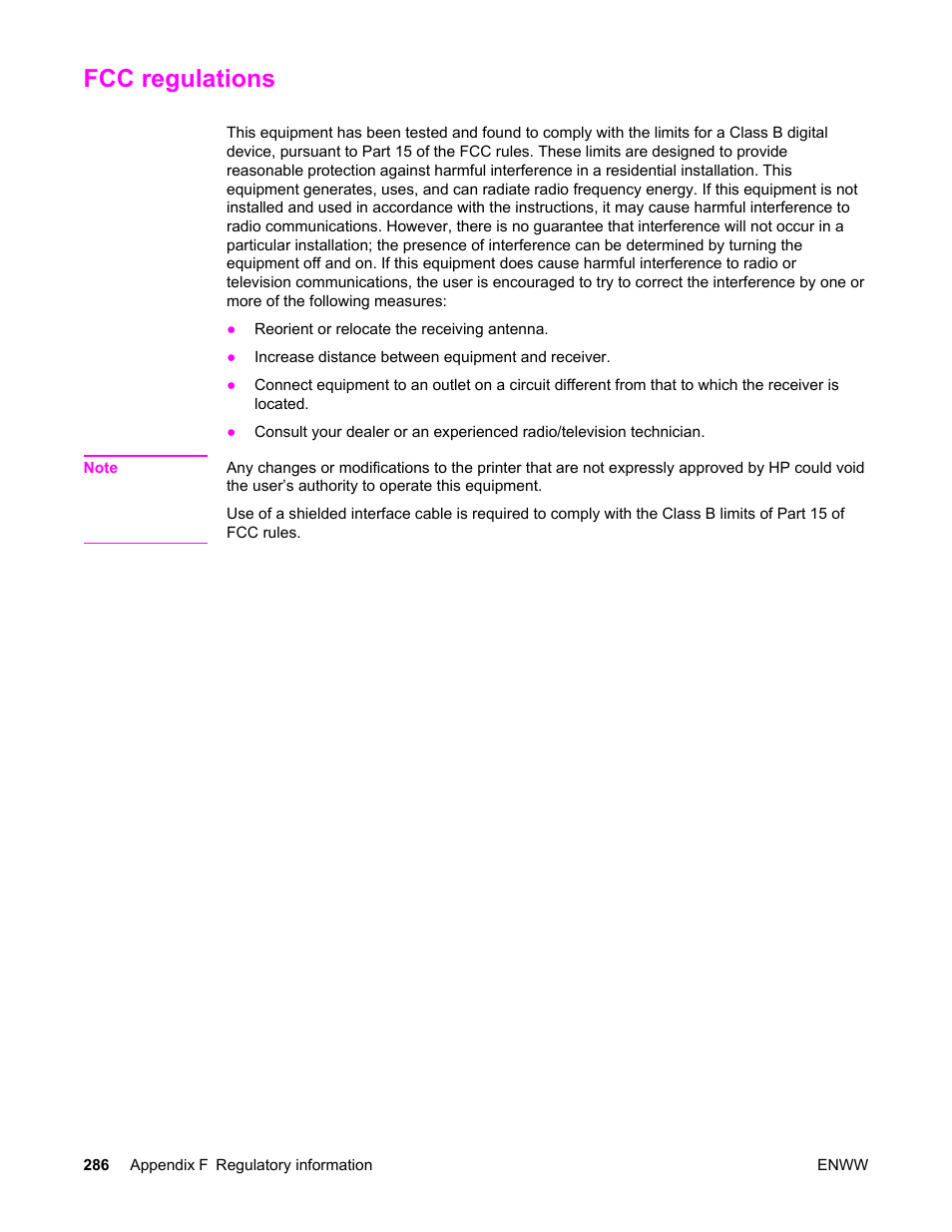 Fcc regulations | HP LaserJet 4345 Multifunction Printer series User Manual | Page 300 / 324