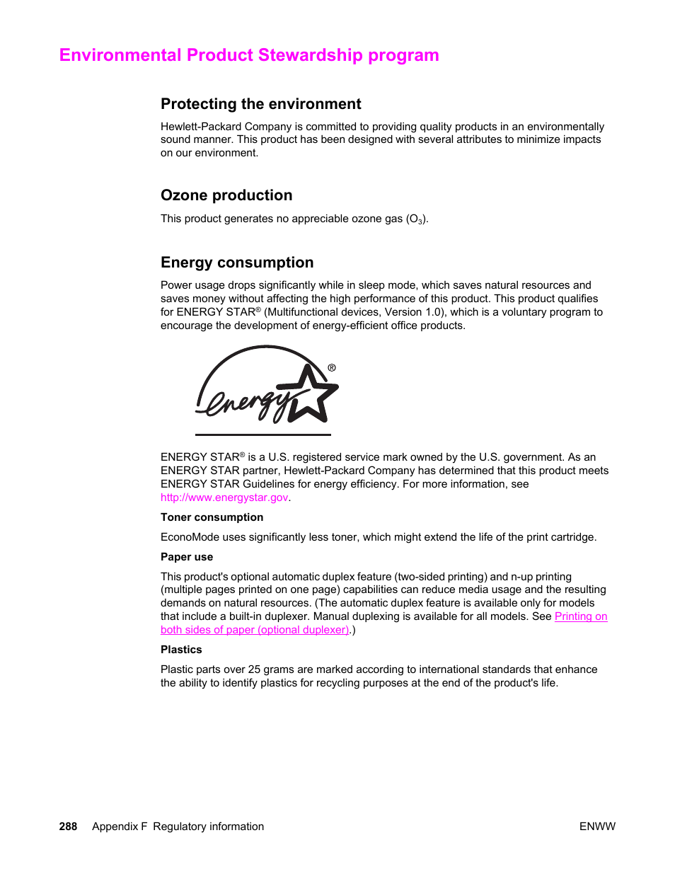 Environmental product stewardship program, Protecting the environment, Ozone production | Energy consumption | HP LaserJet 4345 Multifunction Printer series User Manual | Page 302 / 324