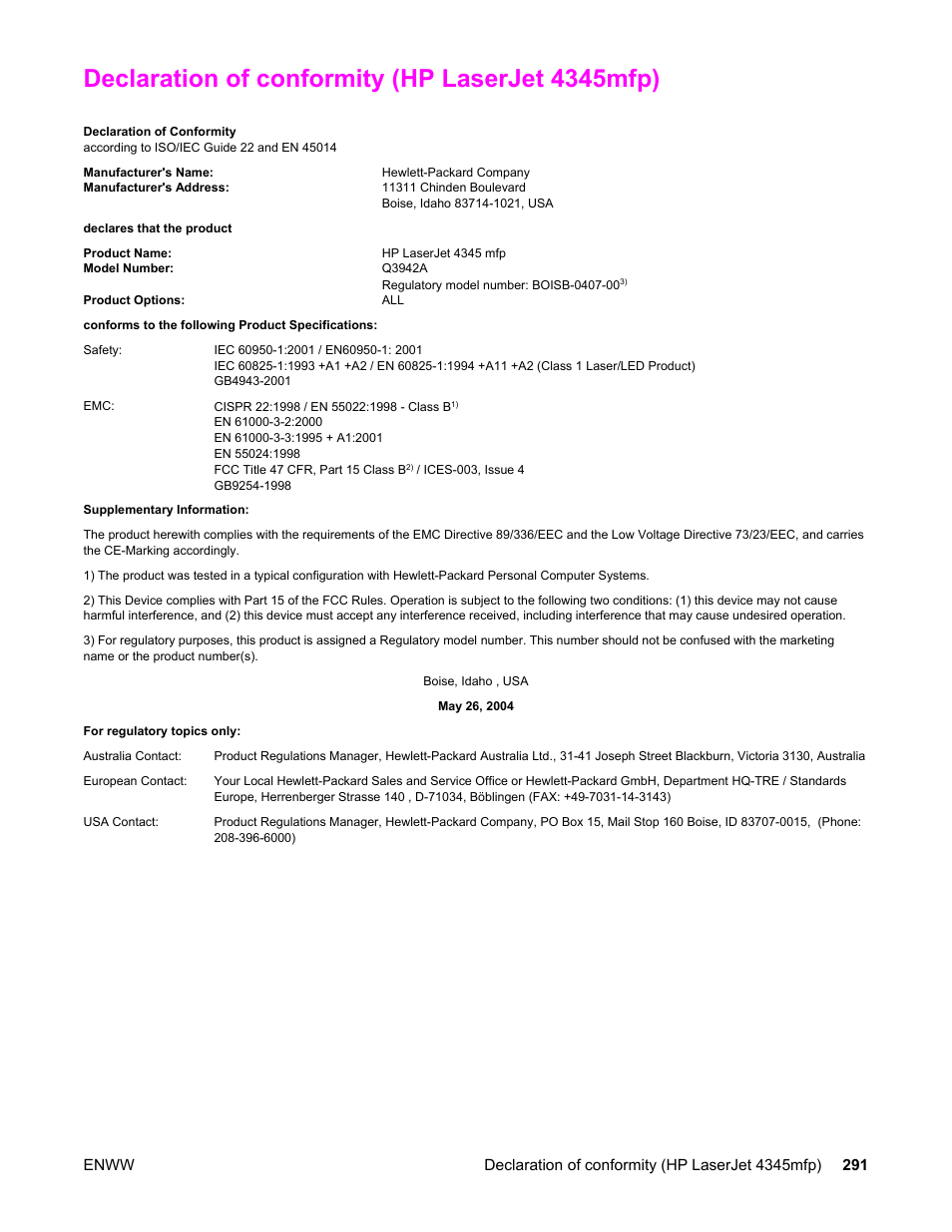 Declaration of conformity (hp laserjet 4345mfp) | HP LaserJet 4345 Multifunction Printer series User Manual | Page 305 / 324