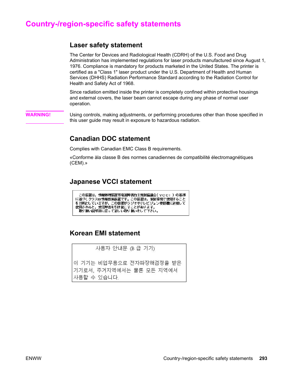 Country-/region-specific safety statements, Laser safety statement, Canadian doc statement | Japanese vcci statement, Korean emi statement, Japanese vcci statement korean emi statement | HP LaserJet 4345 Multifunction Printer series User Manual | Page 307 / 324