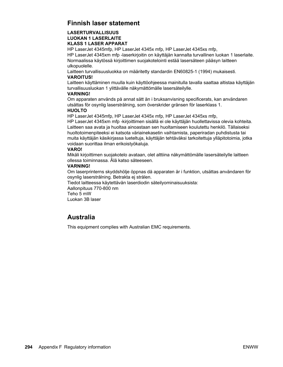 Finnish laser statement, Australia, Finnish laser statement australia | HP LaserJet 4345 Multifunction Printer series User Manual | Page 308 / 324