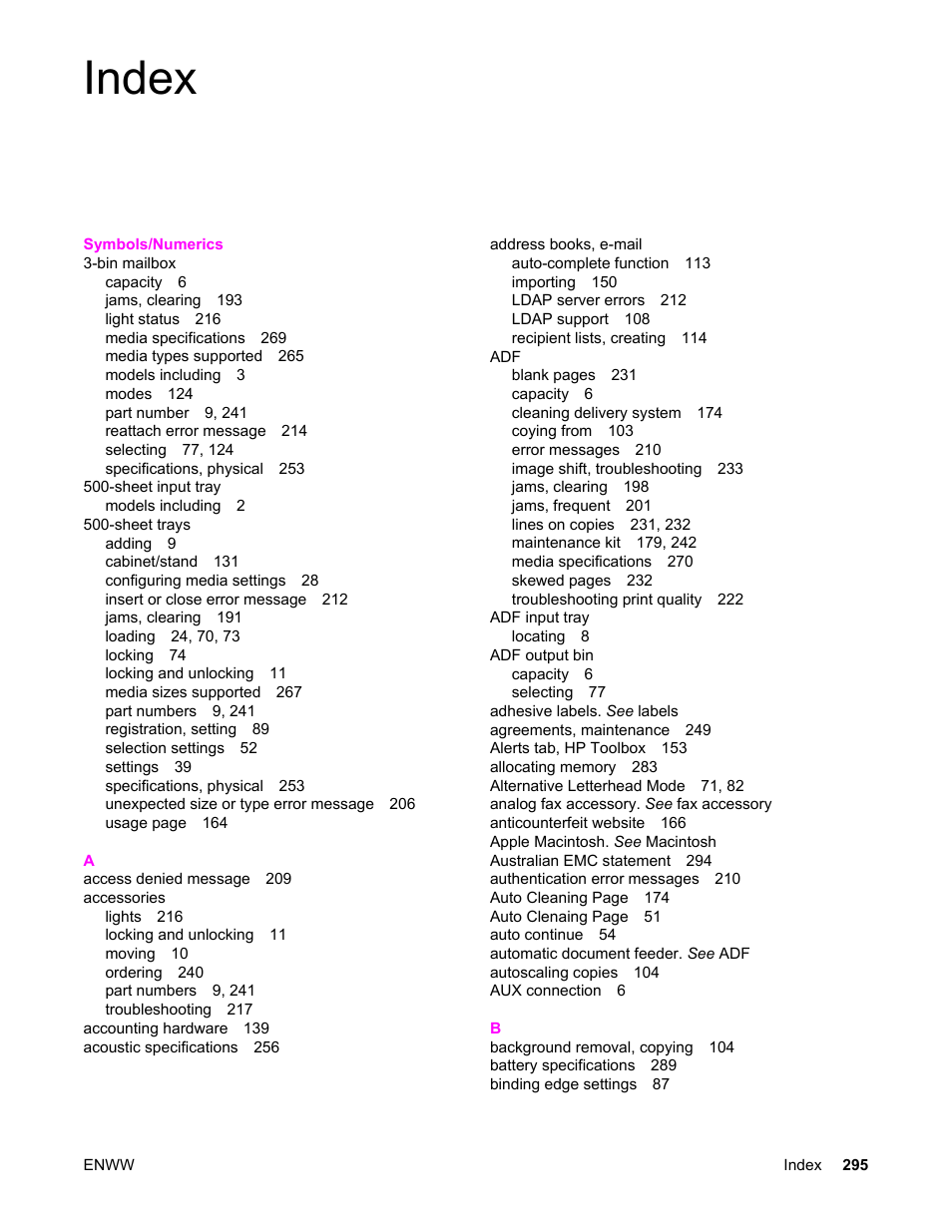 Index | HP LaserJet 4345 Multifunction Printer series User Manual | Page 309 / 324