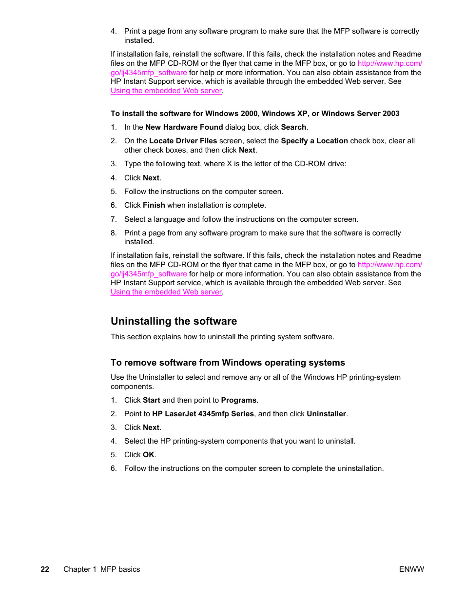 Uninstalling the software | HP LaserJet 4345 Multifunction Printer series User Manual | Page 36 / 324