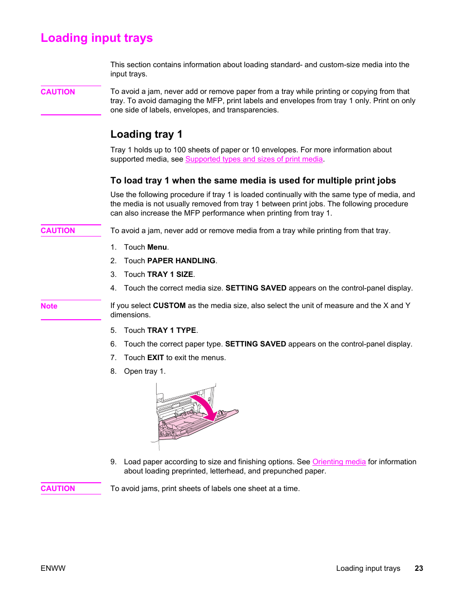 Loading input trays, Loading tray 1 | HP LaserJet 4345 Multifunction Printer series User Manual | Page 37 / 324