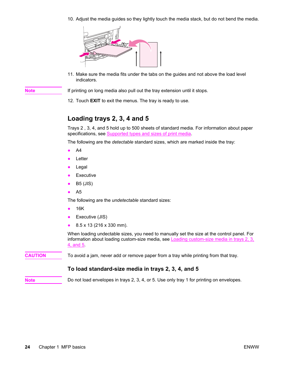 Loading trays 2, 3, 4 and 5 | HP LaserJet 4345 Multifunction Printer series User Manual | Page 38 / 324