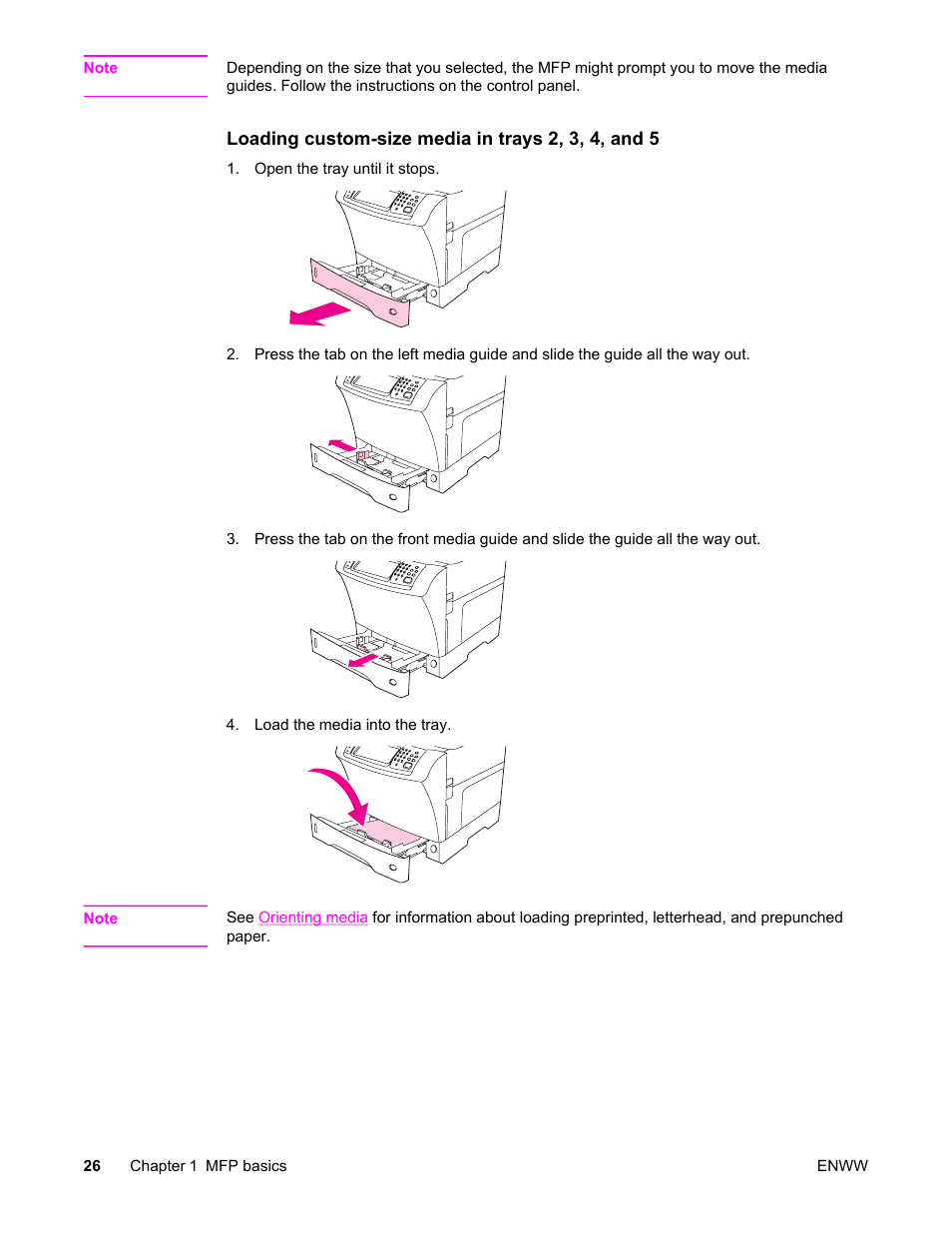 Loading custom-size media in trays 2, 3, 4, and 5 | HP LaserJet 4345 Multifunction Printer series User Manual | Page 40 / 324