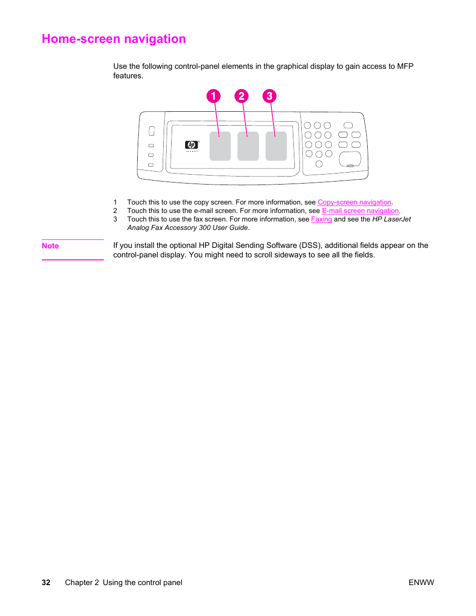 Home-screen navigation | HP LaserJet 4345 Multifunction Printer series User Manual | Page 46 / 324