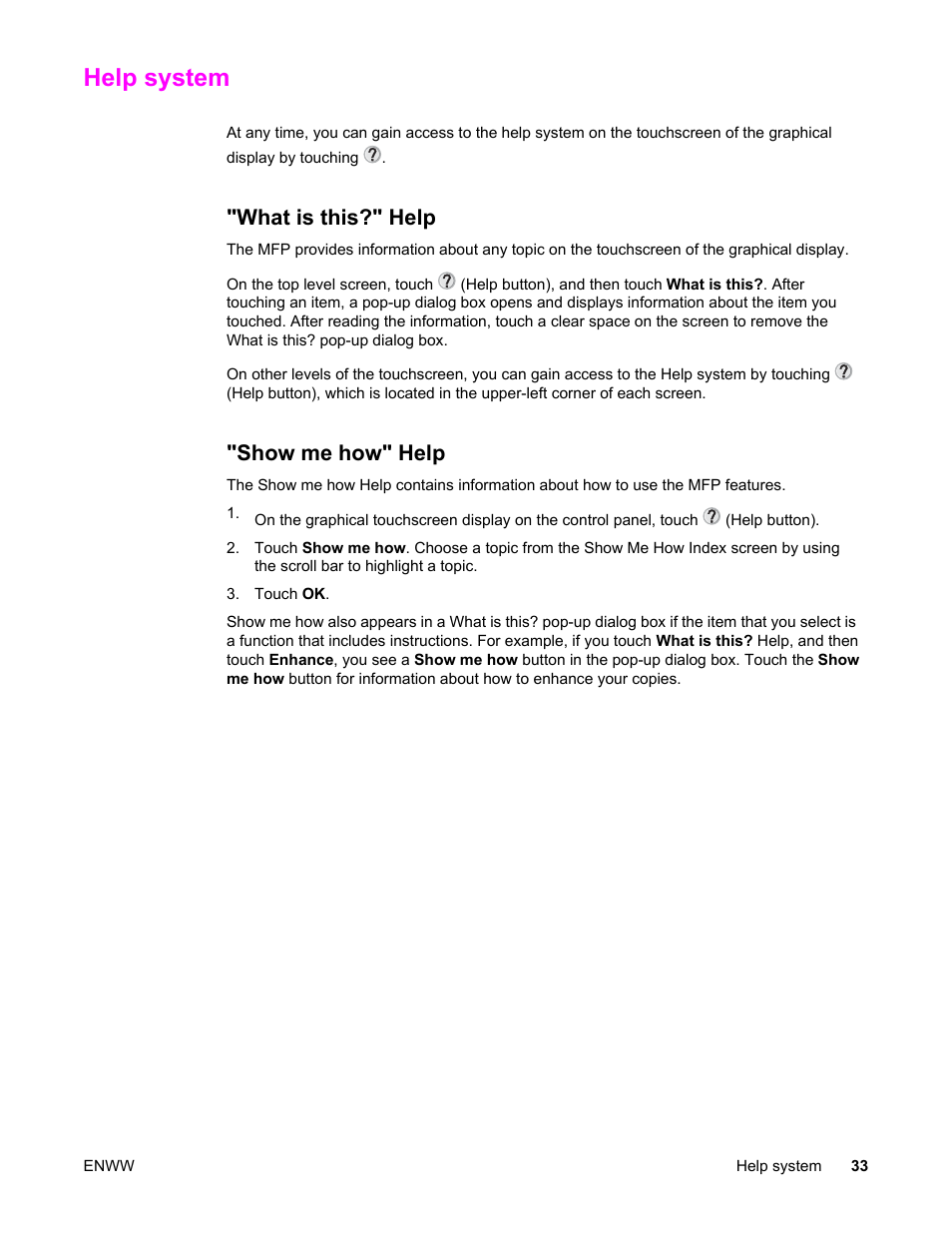 Help system, What is this?" help, Show me how" help | What is this?" help "show me how" help | HP LaserJet 4345 Multifunction Printer series User Manual | Page 47 / 324
