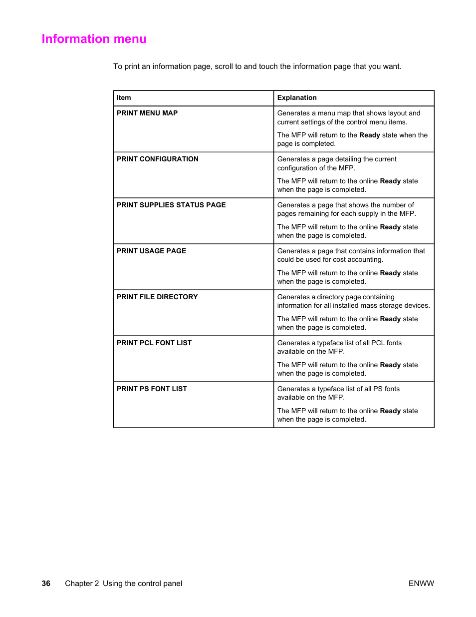 Information menu | HP LaserJet 4345 Multifunction Printer series User Manual | Page 50 / 324